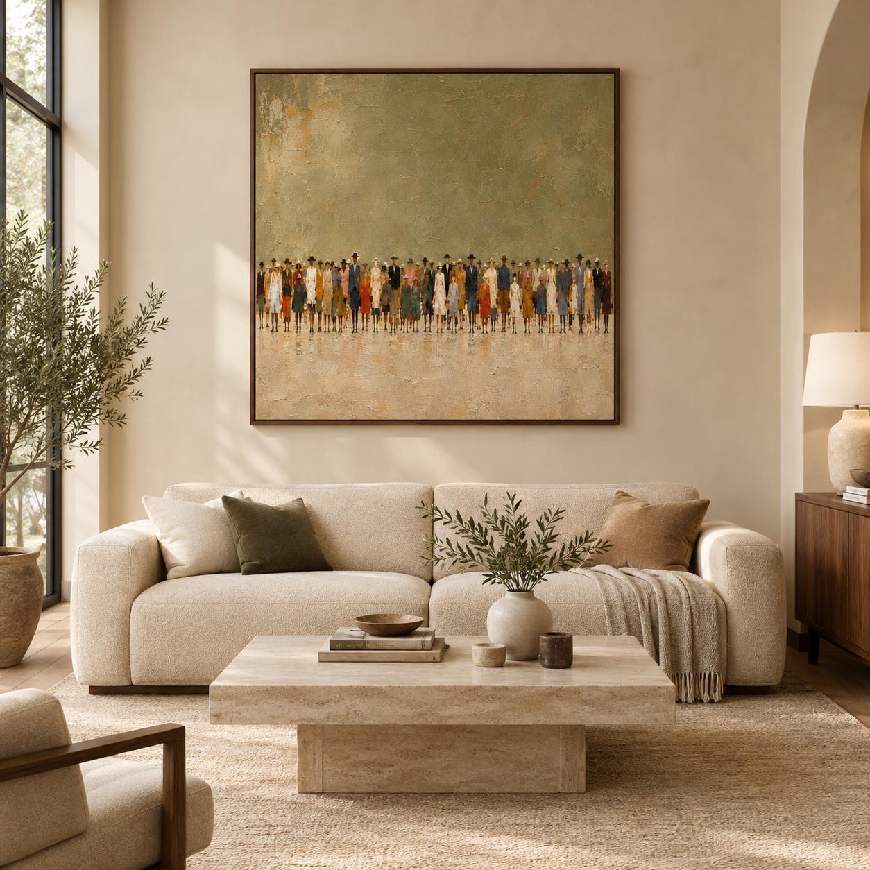Neutral Wall Art, Beige Minimalist Crowd Painting, Olive Green People Art Print photo 2