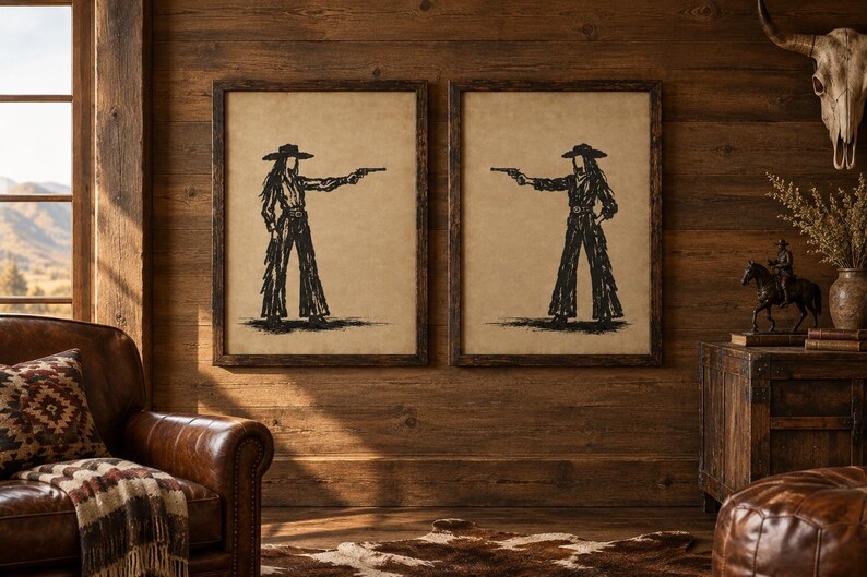 K&ouml;nnte beinhalten: Zwei gerahmte Wandbilder mit schwarzen Tuschezeichnungen einer Cowgirl-Figur mit breitkrempigem Hut und Fransenhose, die eine Pistole h&auml;lt. Das Kunstwerk ist auf beigefarbenem Hintergrund und in dunkle Holzrahmen gefasst.