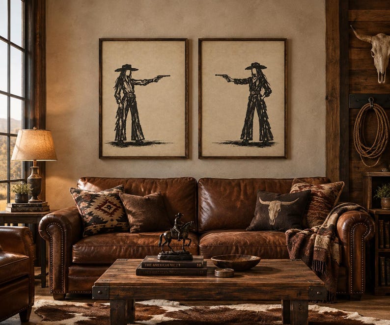 K&ouml;nnte beinhalten: Zwei gerahmte Wandbilder mit schwarzen Tuschezeichnungen von Figuren mit Cowboyh&uuml;ten und Fransenhosen, die Pistolen halten, nebeneinander an einer Wand &uuml;ber einem braunen Ledersofa mit gemusterten Kissen und einem Couchtisch aus Holz.