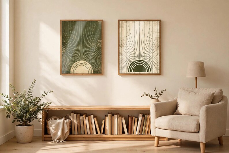 May include: Two rectangular wall art prints in wooden frames. The left print features a dark green background with a gold sunburst design. The right print features a cream background with a dark green sunburst design. Both display radiating lines.