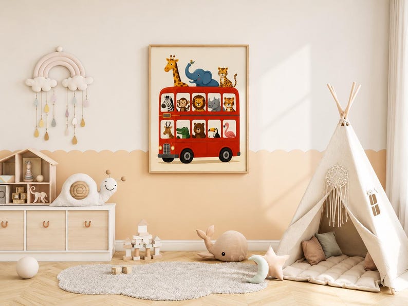 May include: A framed wall art print featuring a bright red double-decker bus filled with various illustrated animals, including a giraffe, elephant, tiger, zebra, monkey, lion, rhino, crocodile, bear, toucan, and flamingo, set against a cream background.