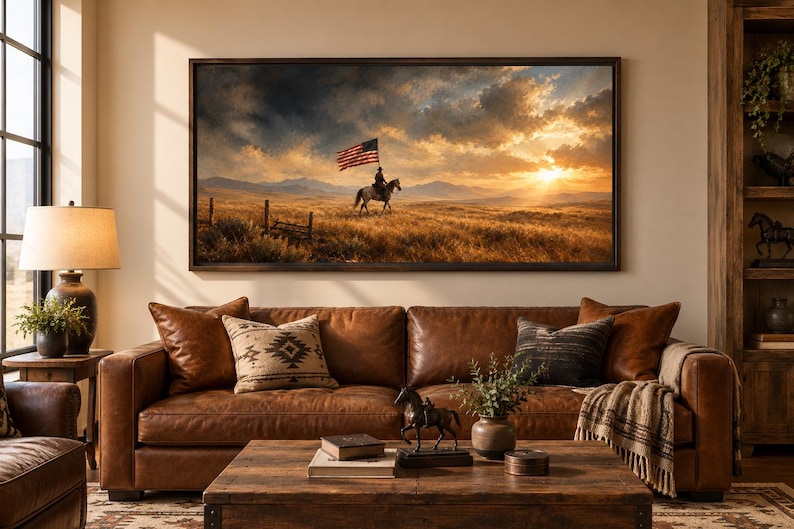 May include: A rectangular framed wall art print depicting a lone rider on horseback carrying an American flag across a vast, golden prairie landscape under a dramatic, cloudy sunset sky, mounted above a brown leather sofa in a living room.