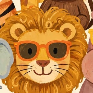 May include: A digital illustration of a lion face with a golden yellow mane and a light yellow muzzle. The lion is wearing bright orange-rimmed sunglasses with dark lenses. The artwork features visible brushstroke textures throughout.