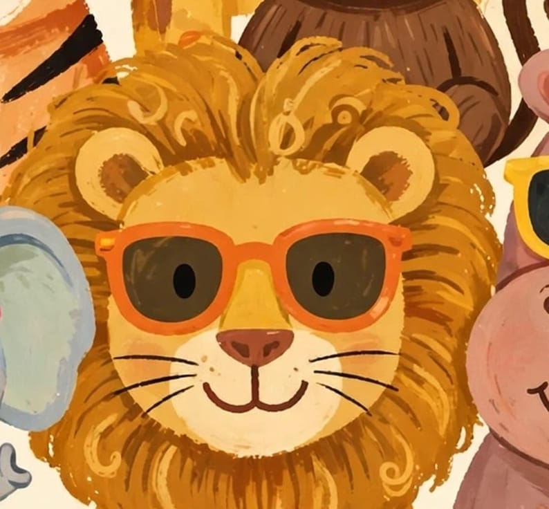 May include: A digital illustration of a lion face with a golden yellow mane and a light yellow muzzle. The lion is wearing bright orange-rimmed sunglasses with dark lenses. The artwork features visible brushstroke textures throughout.