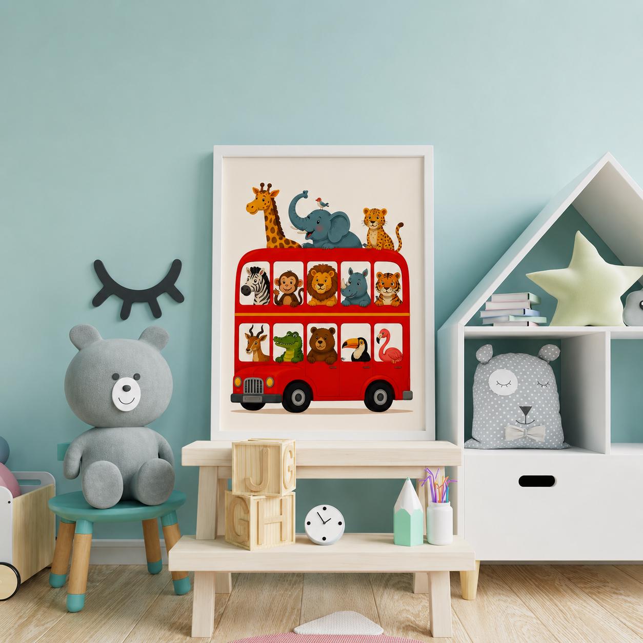 Safari Nursery Decor - Animals on Red Bus Wall Art Print for Kids Room, Zoo Nursery Printable photo 3