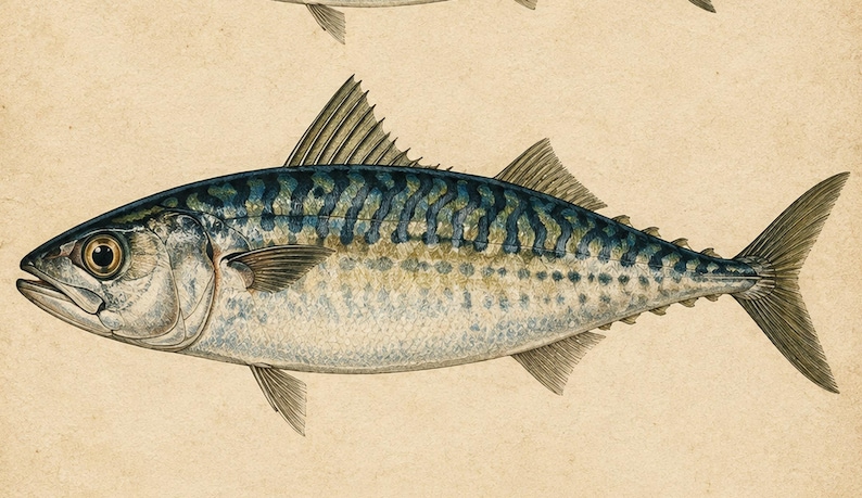 Close-up detail of the large central mackerel in this vintage fish illustration, showing the blue-green striped scales, fine fin detail and aged parchment texture of the antique print