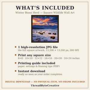 What's included card for the bison wall art digital download: one high-resolution square JPG, printing guide, square print sizes and instant download