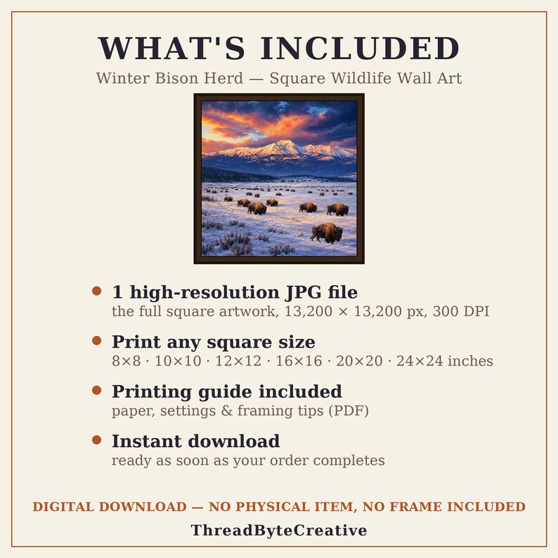 What's included card for the bison wall art digital download: one high-resolution square JPG, printing guide, square print sizes and instant download