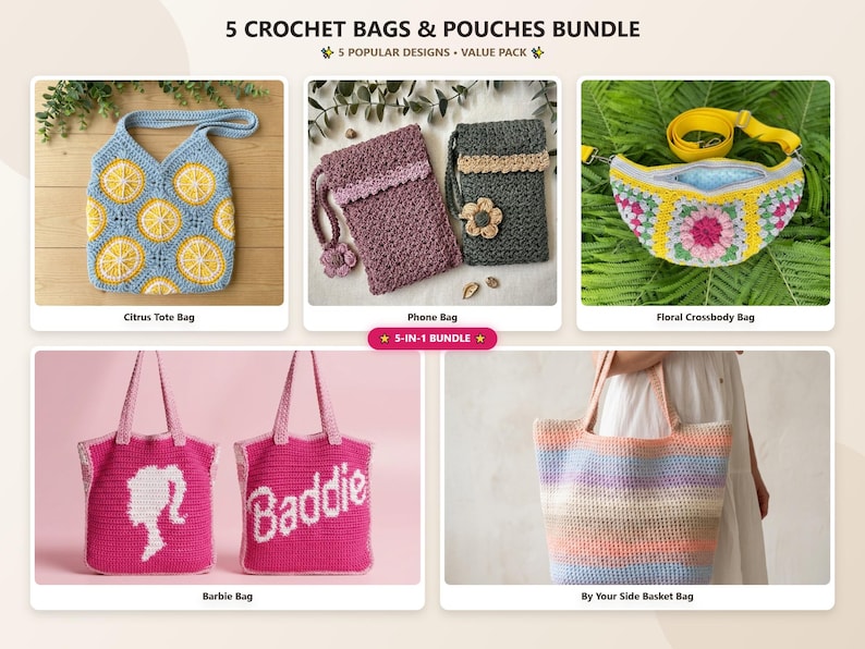 May include: A 5-in-1 crochet bags and pouches bundle featuring a light blue citrus tote bag, two textured phone bags, a floral crossbody bag with a yellow strap, two pink Barbie and Baddie tote bags, and a striped basket bag.
