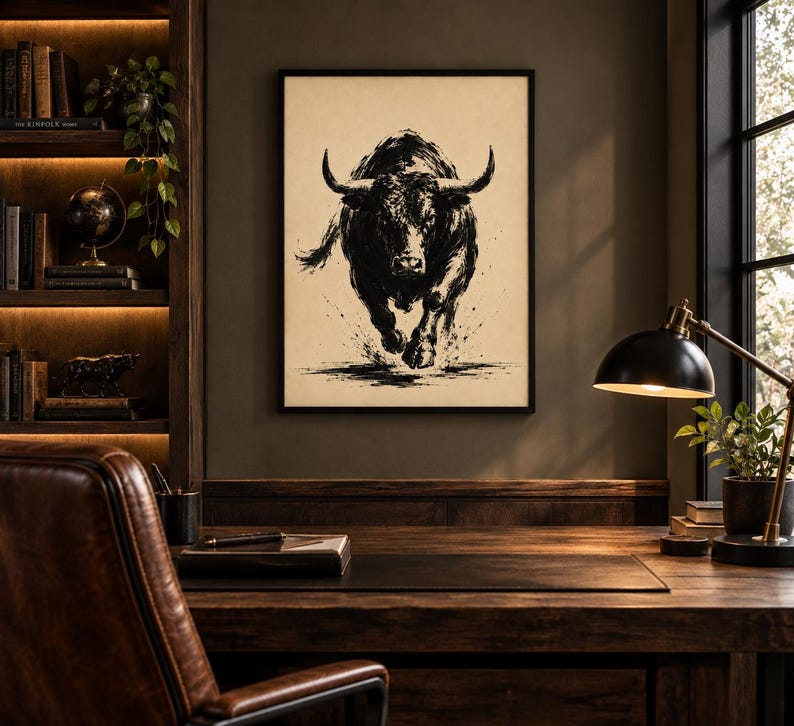 K&ouml;nnte beinhalten: Ein gerahmter Wandkunstdruck mit einer schwarzen Tuscheillustration eines st&uuml;rmenden Stiers auf cremefarbenem Hintergrund. Das Kunstwerk zeigt den Stier in einer dynamischen Vorw&auml;rtsbewegung mit sichtbaren Pinselstrichstrukturen.