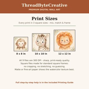 K&ouml;nnte beinhalten: Informationsblatt f&uuml;r digitale Wandkunst mit dem Titel ThreadByteCreative Premium Digital Wall Art. Es zeigt drei quadratische Tierillustrationen: einen Affen, ein Zebra und einen L&ouml;wen, mit Gr&ouml;&szlig;enangaben von 8x8, 10x10 und 12x12 Zoll.