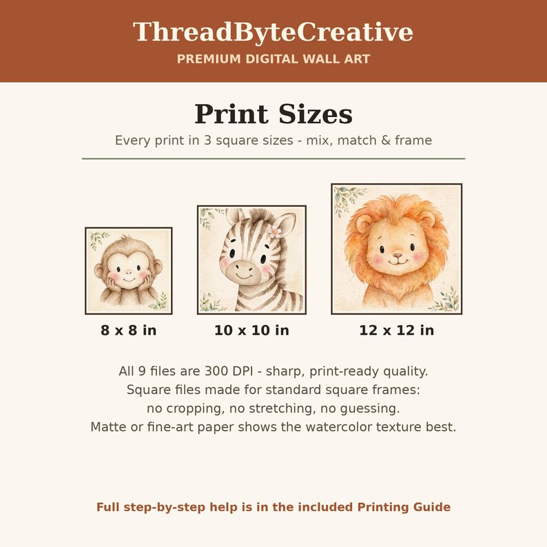 K&ouml;nnte beinhalten: Informationsblatt f&uuml;r digitale Wandkunst mit dem Titel ThreadByteCreative Premium Digital Wall Art. Es zeigt drei quadratische Tierillustrationen: einen Affen, ein Zebra und einen L&ouml;wen, mit Gr&ouml;&szlig;enangaben von 8x8, 10x10 und 12x12 Zoll.