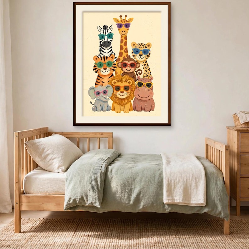 May include: A framed wall art print featuring a group of cartoon animals including a zebra, giraffe, tiger, monkey, leopard, lion, elephant, and hippo. Each animal wears colorful sunglasses against a light cream background.