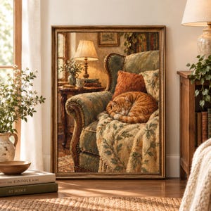 May include: A framed wall art print depicting a cozy interior scene with an orange tabby cat curled up asleep on a green patterned armchair. The scene includes a textured throw blanket, a rust-colored pillow, and a side table with a lamp.