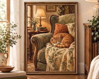 Cat Wall Art Print, Vintage Orange Tabby Sleeping Cat, Cottagecore Decor for Living Room and Bedroom, Printable Download