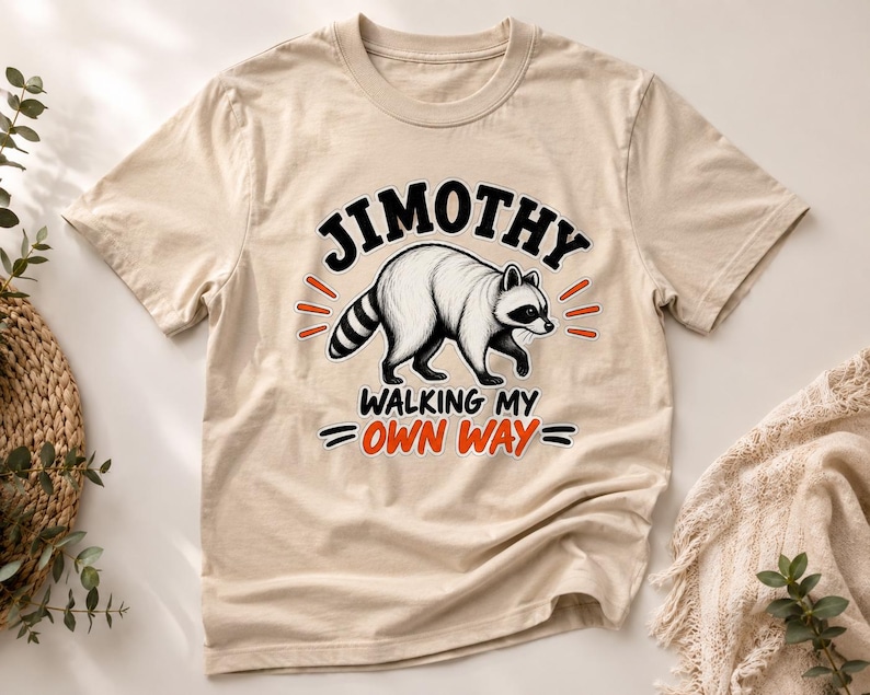 May include: A beige short-sleeve t-shirt featuring a graphic of a raccoon in the centre. Above the raccoon, the text reads JIMOTHY in black. Below the raccoon, the text reads WALKING MY OWN WAY in black and orange with small orange dash accents.
