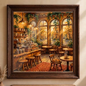 May include: A framed wall art print depicting a warm, sunlit cafe interior with wooden stools, a coffee machine, shelves of jars, and large arched windows. A ginger cat sleeps on a wooden chair near a table with a steaming cup of coffee.