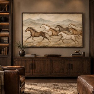 May include: A large rectangular wall art piece featuring a herd of horses running across a landscape with mountains in the background. The painting uses a muted color palette of browns, tans, and creams, depicting multiple horses in motion.