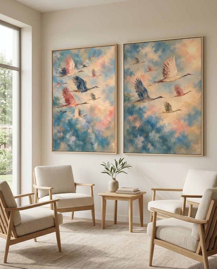 Japandi Wall Art Cranes Print Set of 2, Vintage Bird Painting Download photo 9