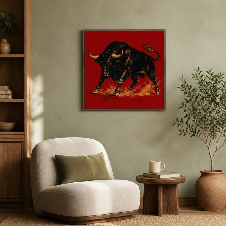 May include: A square wall art piece featuring a detailed illustration of a powerful black bull with curved horns, depicted in a charging stance against a solid red background with orange dust effects swirling around its hooves and legs.