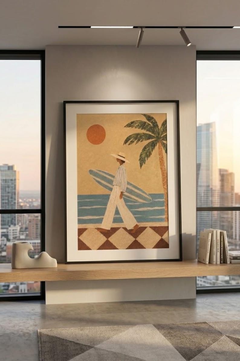 Kustväggkonst Vintage Surftryck, Retro Surfertjej med Palm, Strandhusdekoration bild 1