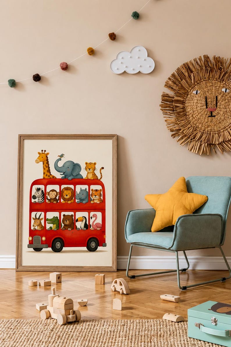 May include: A framed wall art print featuring a bright red double-decker bus filled with various illustrated animals, including a giraffe, elephant, lion, zebra, monkey, rhino, tiger, crocodile, bear, toucan, and flamingo on a cream background.