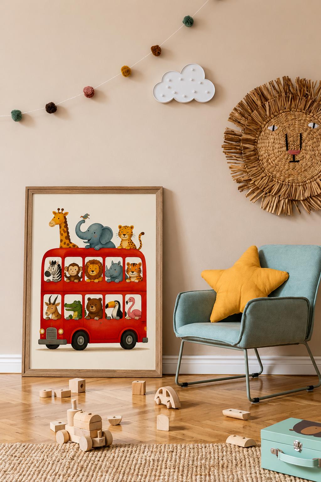 Safari Nursery Decor - Animals on Red Bus Wall Art Print for Kids Room, Zoo Nursery Printable photo 6