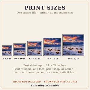 Print sizes card for the square bison herd digital print, showing 8x8 to 20x20 inch square sizes with best detail up to 24x24 inches