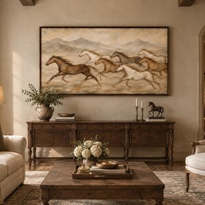 May include: A large rectangular wall art piece featuring a painted scene of a herd of horses galloping across a landscape with mountains in the background. The artwork uses a muted color palette of browns, tans, and creams to depict the horses.