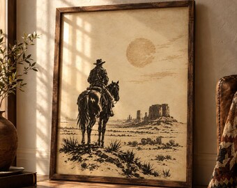 Cowboy Wandbild Druck, Vintage Western Wüsten Sonnenuntergang, Rustikale Pferde Deko, Digitaler Download