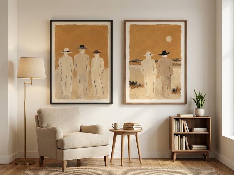 May include: Two framed wall art prints featuring abstract figures wearing hats against a warm ochre background. The left print shows three figures standing, while the right print depicts two figures in a landscape with a pale sun in the sky.