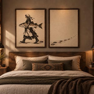 May include: Two framed rectangular wall art prints with dark wood frames. The left print features a dark ink illustration of a person in a headscarf and boots carrying a large fish. The right print shows a trail of footprints on a light background.