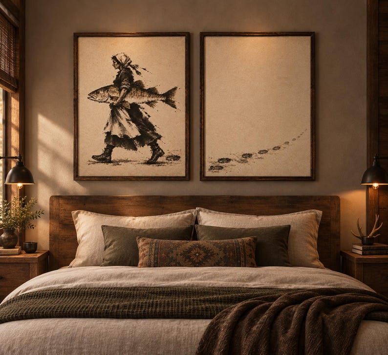 May include: Two framed rectangular wall art prints with dark wood frames. The left print features a dark ink illustration of a person in a headscarf and boots carrying a large fish. The right print shows a trail of footprints on a light background.