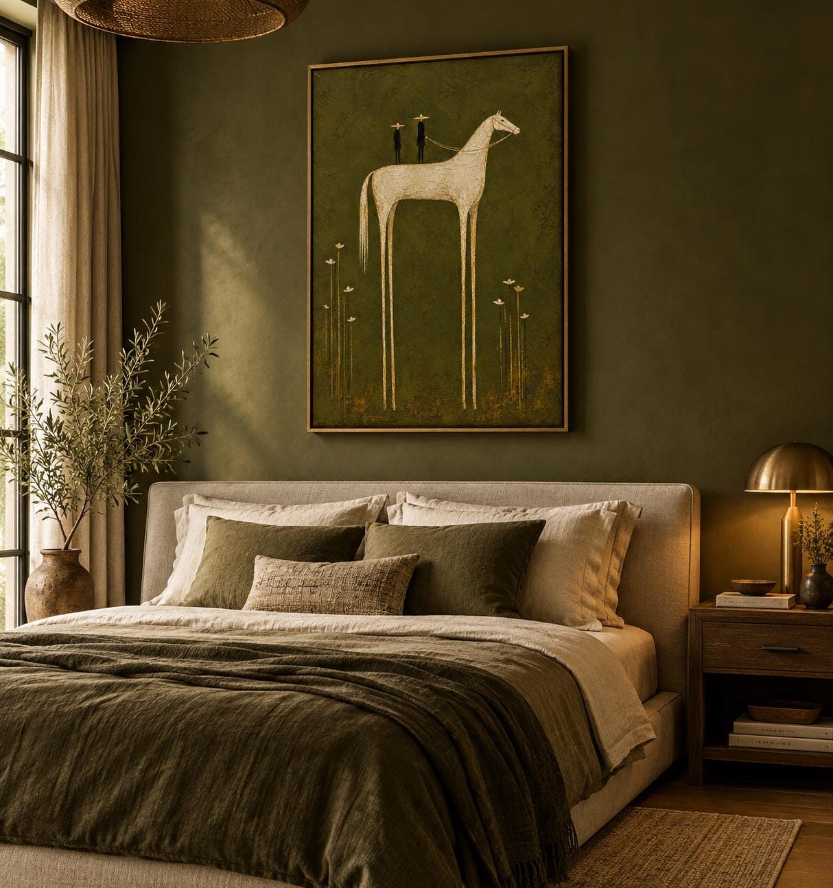 White Horse Wall Art – Olive Green Equestrian Print, Digital Download photo 2