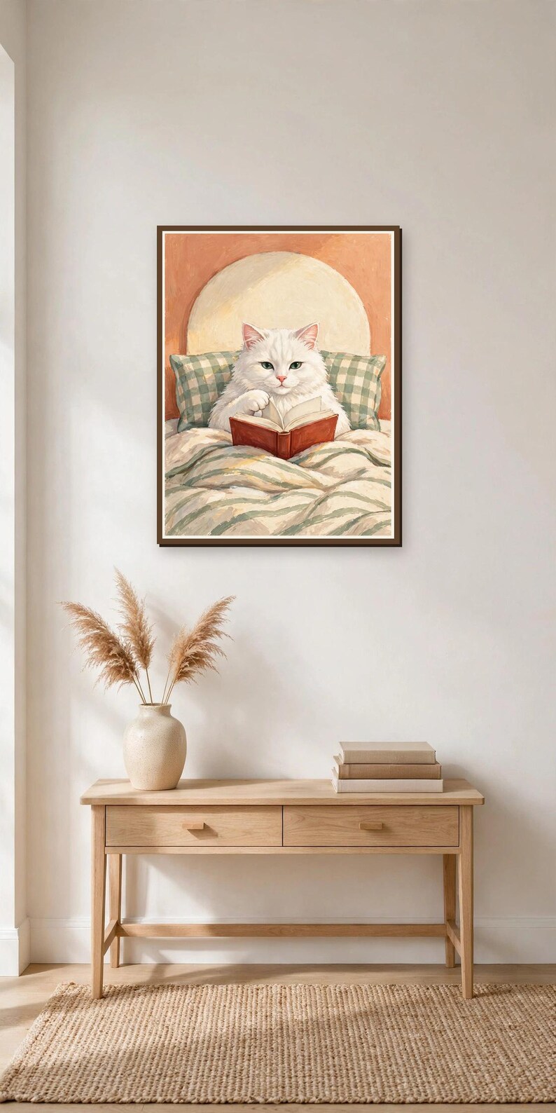 Framed print of a white cat reading in bed in an entryway — cute cat wall art, instant digital download