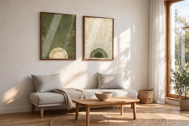 May include: Two framed rectangular wall art prints featuring a sunburst motif. The left print has a dark green background with a gold sun, while the right print has a cream background with a dark green sun. Both feature radiating lines.