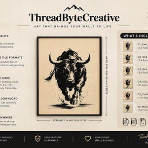 K&ouml;nnte beinhalten: Ein digitales Wandkunst-Angebot von ThreadByteCreative mit einer schwarzen Tuschezeichnung eines st&uuml;rmenden Stiers auf beigem Grund. Die Grafik enth&auml;lt Text zu hochwertigen Drucken, Dateiformaten und verschiedenen Seitenverh&auml;ltnissen.