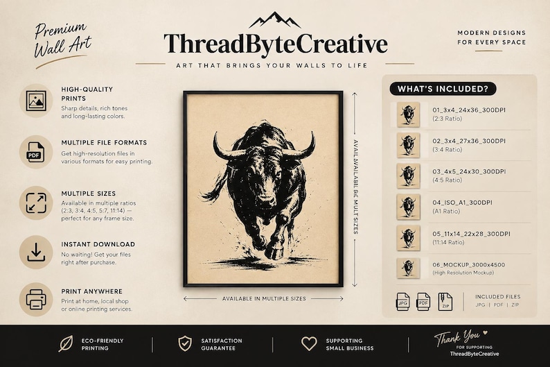 K&ouml;nnte beinhalten: Ein digitales Wandkunst-Angebot von ThreadByteCreative mit einer schwarzen Tuschezeichnung eines st&uuml;rmenden Stiers auf beigem Grund. Die Grafik enth&auml;lt Text zu hochwertigen Drucken, Dateiformaten und verschiedenen Seitenverh&auml;ltnissen.