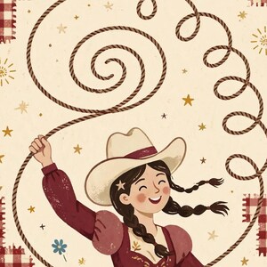 Close-up detail of the folk cowgirl art print showing the lasso spiral, cream cowboy hat, smiling face and burgundy dress with folk floral details