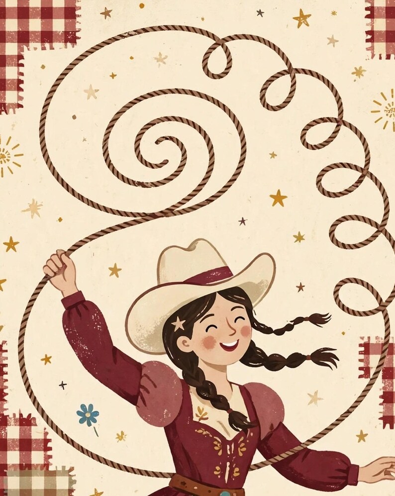 Close-up detail of the folk cowgirl art print showing the lasso spiral, cream cowboy hat, smiling face and burgundy dress with folk floral details