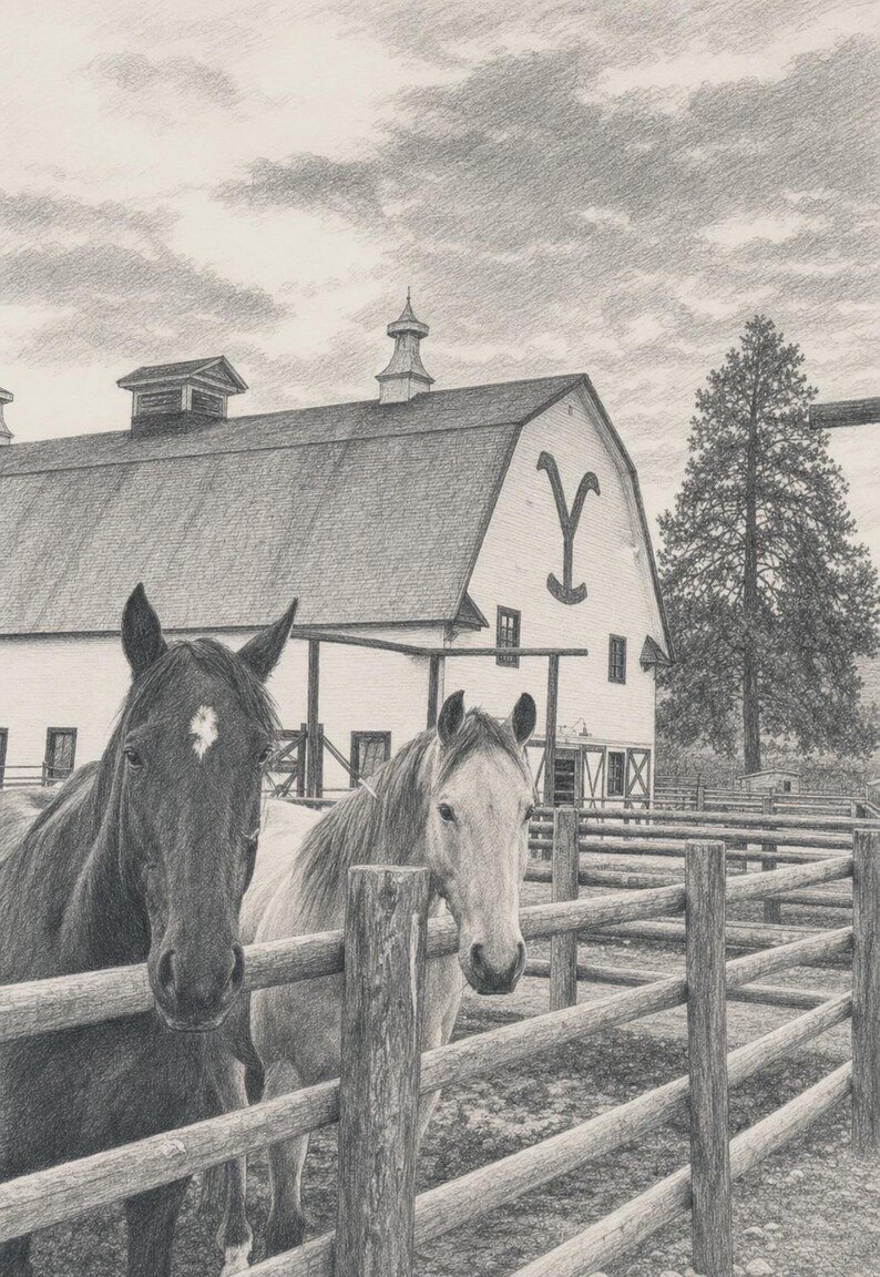 May include: A graphite pencil drawing of two horses standing behind a wooden fence in front of a large barn. The barn features a prominent Y-shaped brand on its side, a cupola, and a shingled roof. A tall pine tree stands to the right.
