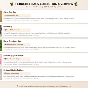 May include: A collection overview titled 5 CROCHET BAGS COLLECTION OVERVIEW featuring five distinct crochet bag designs: a lemon-patterned tote, a phone crossbody, a floral sling, a reversible pink bag, and a striped basket tote with descriptions.
