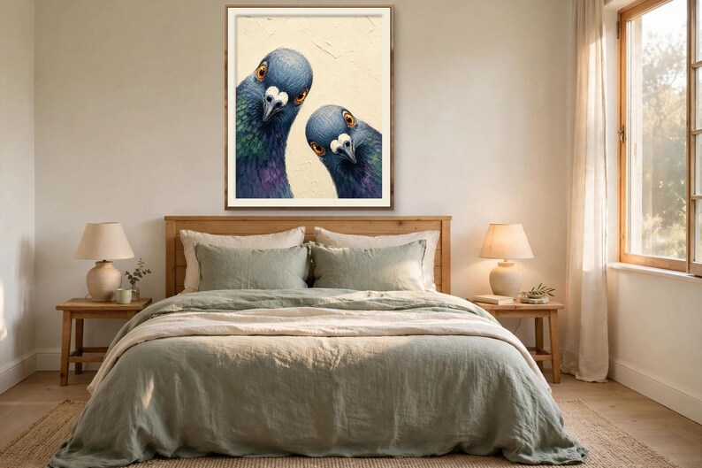 May include: A framed wall art print featuring two pigeons with iridescent blue, green, and purple neck feathers and bright orange eyes, set against a textured cream-coloured background, displayed above a bed in a bedroom setting.