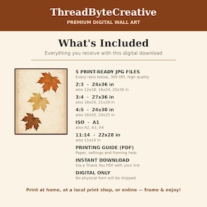 May include: A digital wall art listing from ThreadByteCreative featuring three autumn maple leaves on a textured beige background. The text details five print-ready JPG files in various aspect ratios including 2:3, 3:4, 4:5, ISO, and 11:14, plus a printing guide PDF.