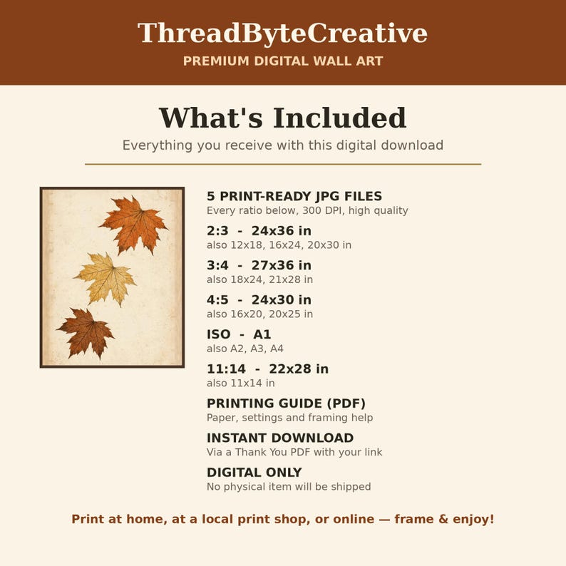 May include: A digital wall art listing from ThreadByteCreative featuring three autumn maple leaves on a textured beige background. The text details five print-ready JPG files in various aspect ratios including 2:3, 3:4, 4:5, ISO, and 11:14, plus a printing guide PDF.