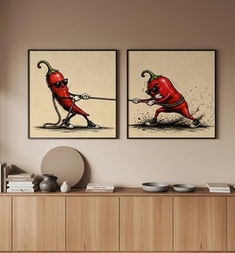 May include: Two square wall art prints featuring a red chilli pepper character wearing sunglasses and trainers. The left print shows the chilli pulling a rope, while the right print shows the chilli pulling with an intense expression and dust clouds.