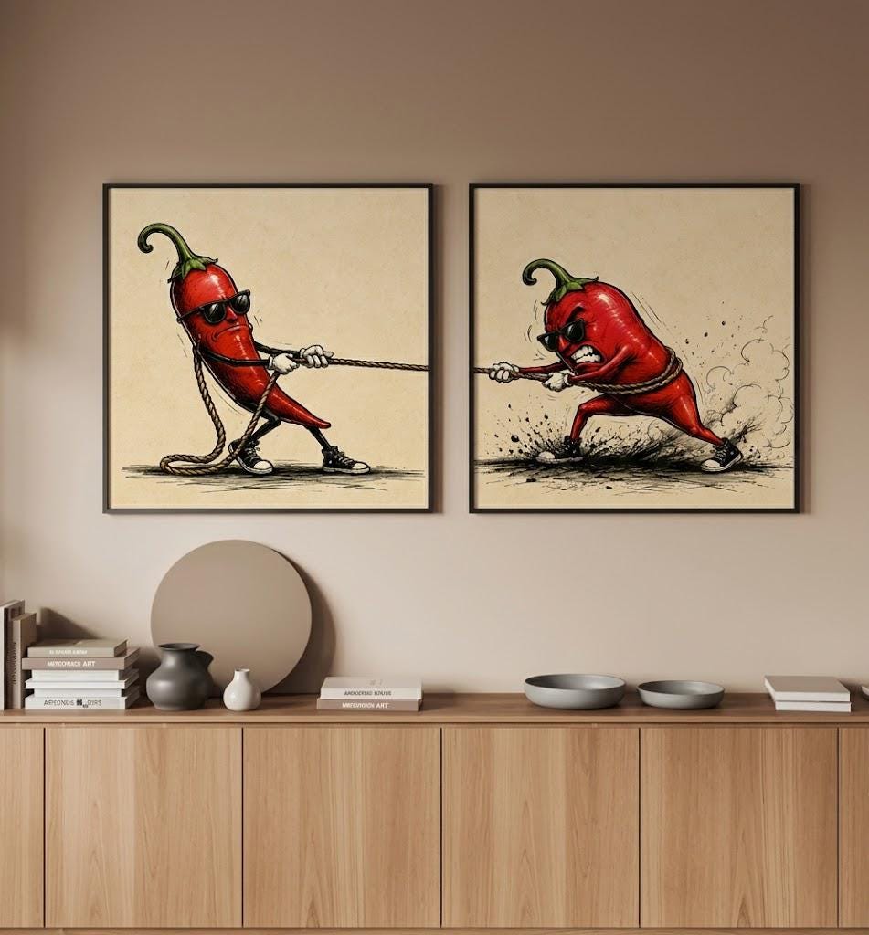 Funny Kitchen Wall Art Chili Pepper Print Set, Retro Cartoon Food Decor photo 6