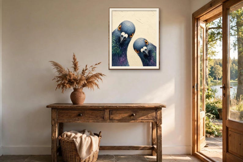 May include: A framed wall art print featuring two pigeons with iridescent blue and purple neck feathers and orange eyes, set against a cream-coloured background. The birds are positioned close together, looking directly forward at the viewer.