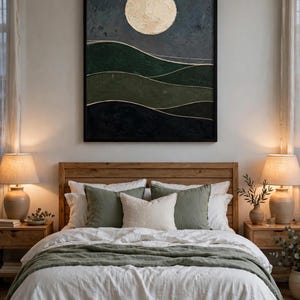 Moody green abstract landscape print with full moon above a bed with wooden headboard — Japandi bedroom wall art, printable digital download
