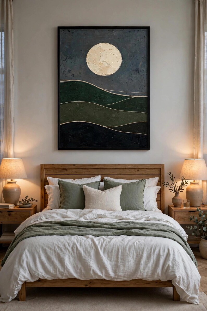 Moody green abstract landscape print with full moon above a bed with wooden headboard — Japandi bedroom wall art, printable digital download